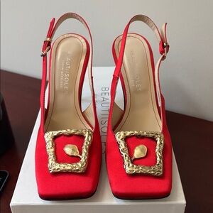BEAUTIISOLES Melody silk satin red embellished buckle stiletto slingback sz.6